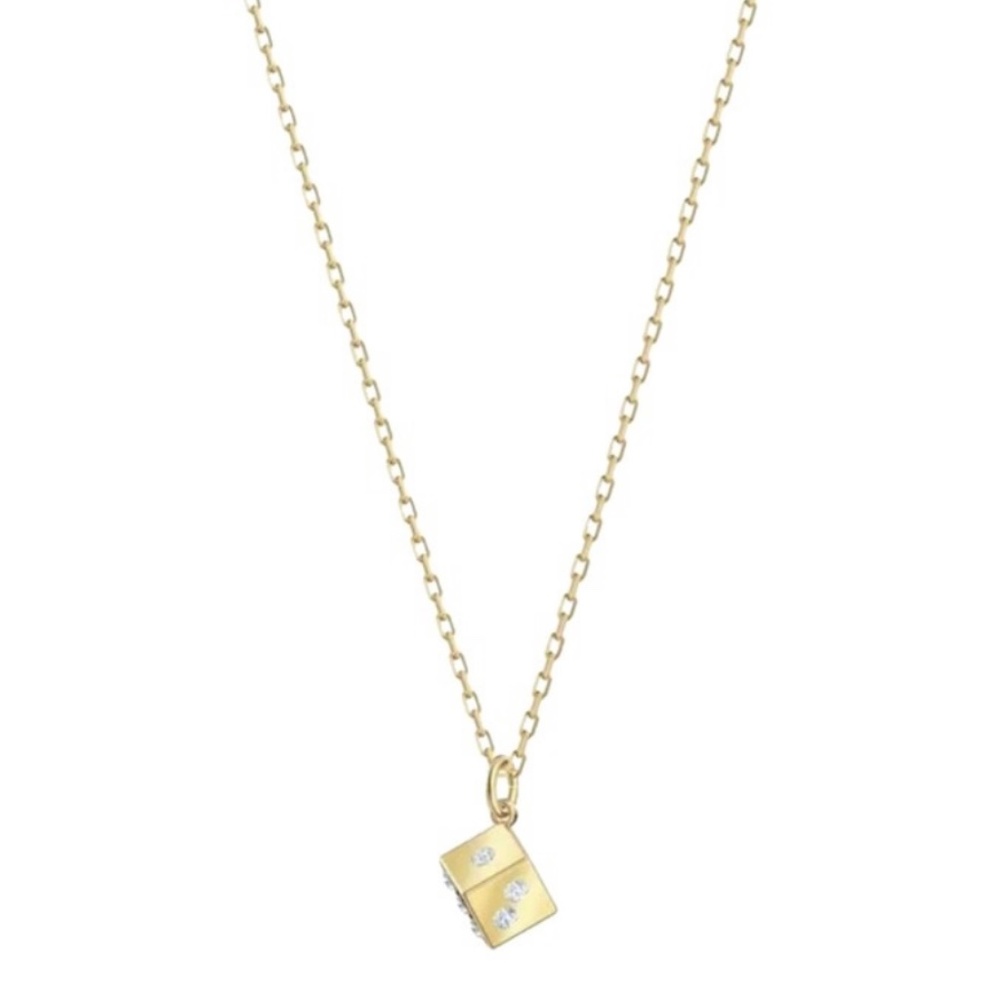 Swarovski Gold Tone Pendant Dice Necklace with Crystals